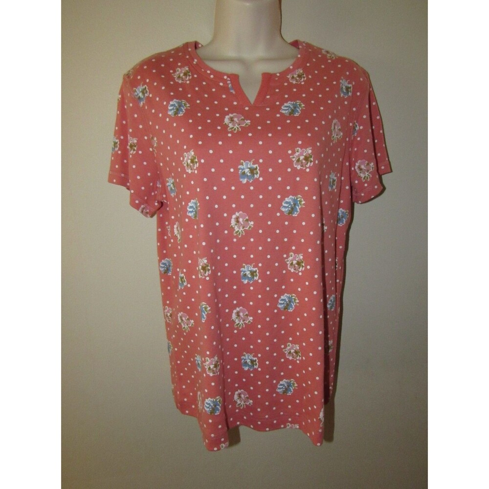 Van Heusen Womens Top M Pink Floral Casual Summer Knit 100% Cotton Dots New - Picture 2 of 7